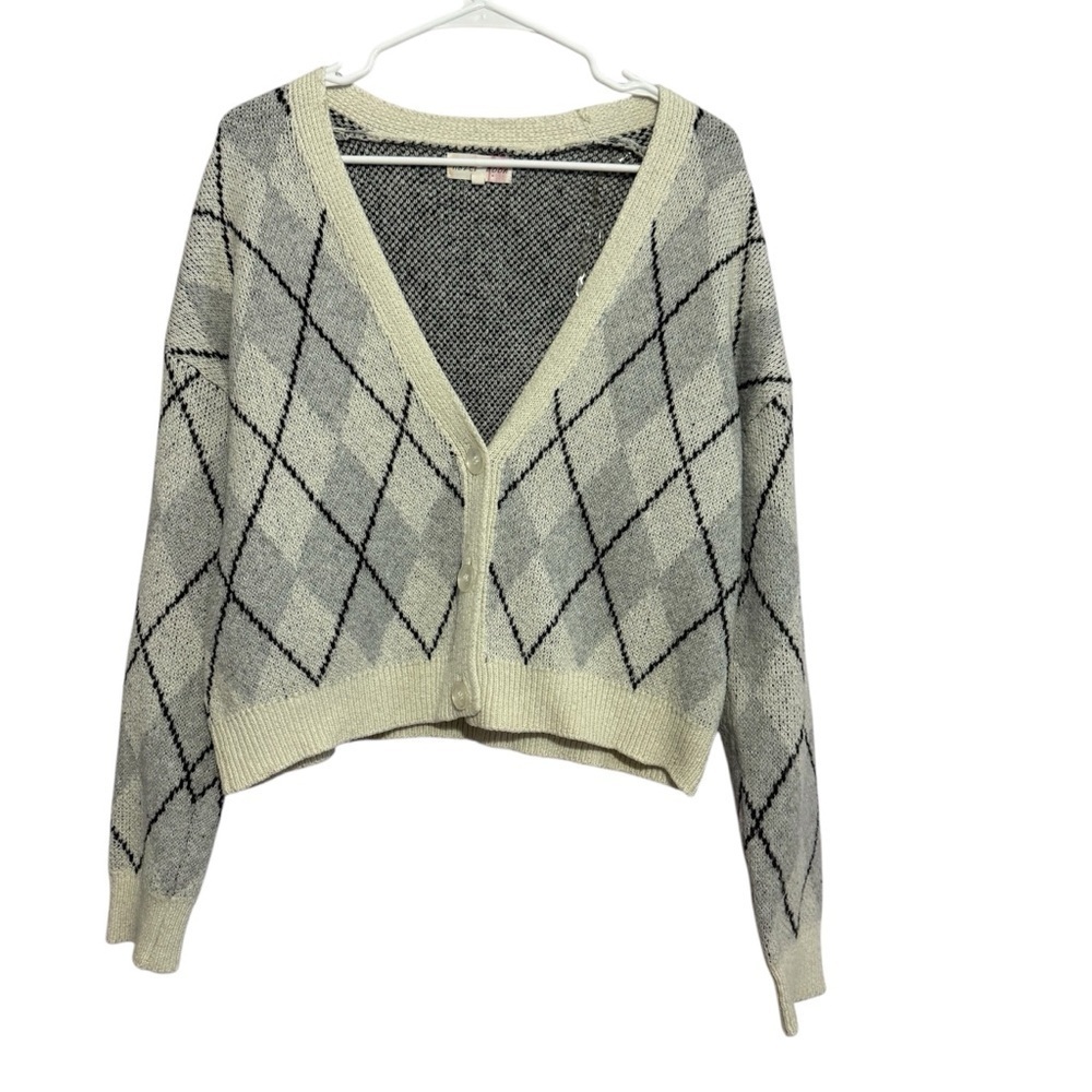 Hazel Moon Argyle V-Neck Cardigan Gray Black Button Down Women’s Size Medium